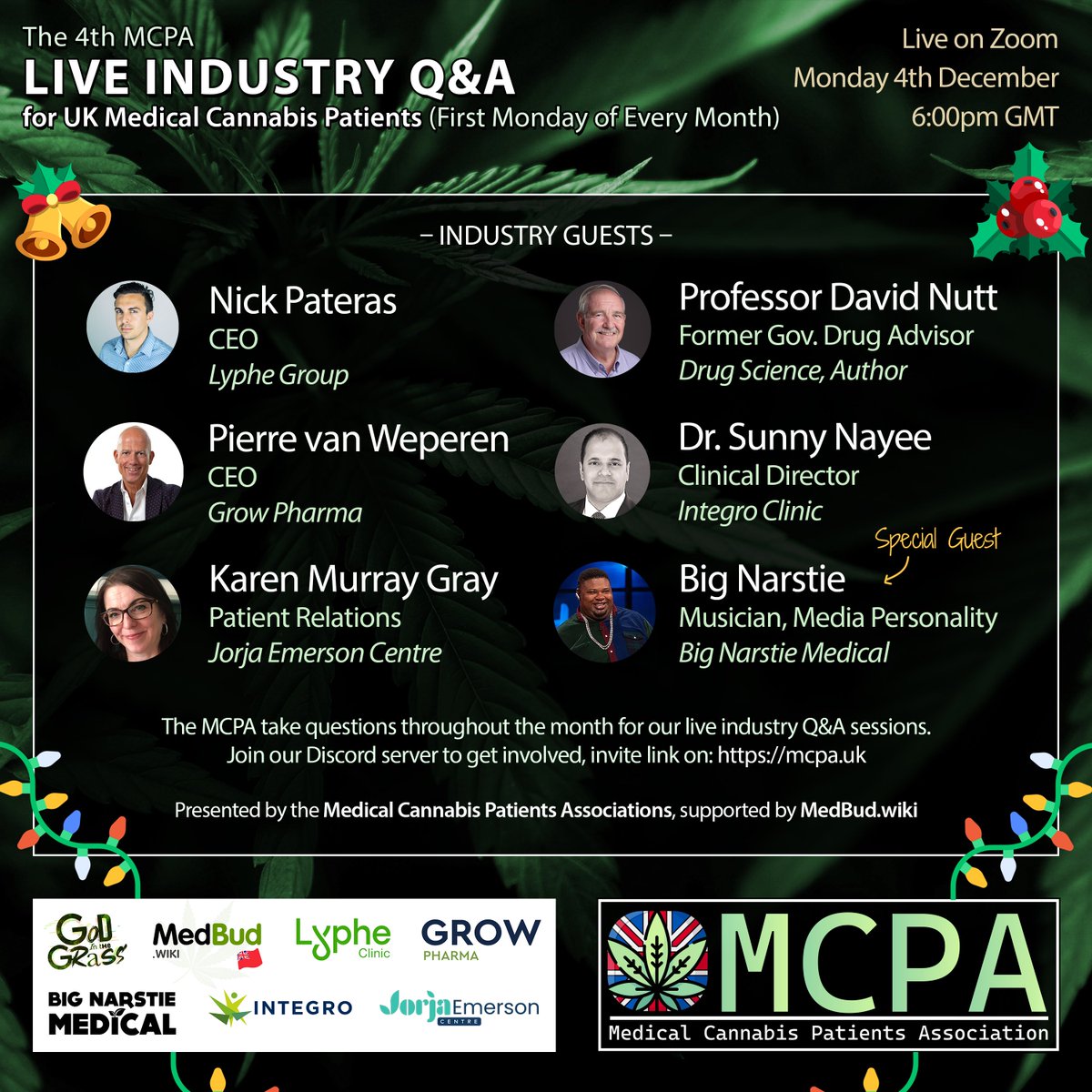 🇬🇧 MedBud.wiki (@medbuduk) on Twitter photo 📆 Live at 6pm, the next <a href="/MCPA_UK/">The Medical Cannabis Patients Association</a> Industry Q&A with special guest @BigNarstie joining hour two.
We'll be helping <a href="/GodInTheGrass/">God In The Grass</a> host tonight 👍
<a href="/Nick_Pateras/">Nick Pateras</a> @LypheGroup @PierreLeDutch <a href="/GrowPharmaUK/">GROW® Pharma</a> <a href="/ProfDavidNutt/">David Nutt</a> <a href="/Drug_Science/">Drug Science</a> <a href="/ClinicsIntegro/">Integro Medical Clinics</a> <a href="/karenmurraygray/">Karen Gray</a> <a href="/JEmersonCentres/">Jorja Emerson Centres</a> 📆 Live at 6pm, the next <a href="/MCPA_UK/">The Medical Cannabis Patients Association</a> Industry Q&A with special guest @BigNarstie joining hour two.
We'll be helping <a href="/GodInTheGrass/">God In The Grass</a> host tonight 👍
<a href="/Nick_Pateras/">Nick Pateras</a> @LypheGroup @PierreLeDutch <a href="/GrowPharmaUK/">GROW® Pharma</a> <a href="/ProfDavidNutt/">David Nutt</a> <a href="/Drug_Science/">Drug Science</a> <a href="/ClinicsIntegro/">Integro Medical Clinics</a> <a href="/karenmurraygray/">Karen Gray</a> <a href="/JEmersonCentres/">Jorja Emerson Centres</a>