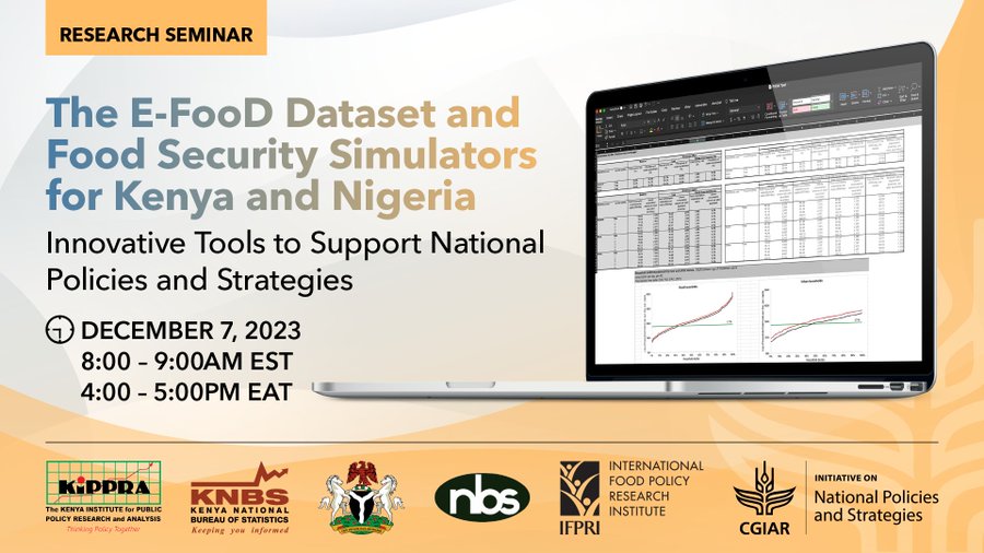 On Dec 7, join @IFPRI & @CGIAR #NPSInitiative to discuss the role that E-FooD datasets and Food Security Simulators for 🇰🇪 & 📷 can play in policymaking:   
bit.ly/E-FooD

@gatesfoundation @WorldBank @KIPPRAKENYA @UniIbadan @KNBStats @NbS_Knowledge @IFPRI_Africa