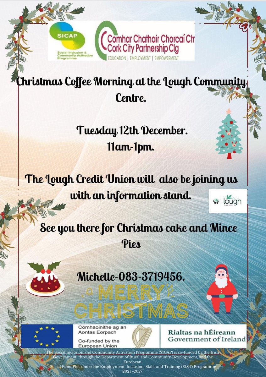 CorkCityPartner's tweet photo. Cork City Partnership will be hosting a Christmas themed coffee morning at the Lough Community Centre on Tuesday the 12th December from 11am-1pm.  Hope to see you there. https://t.co/x0Qhuz04eF