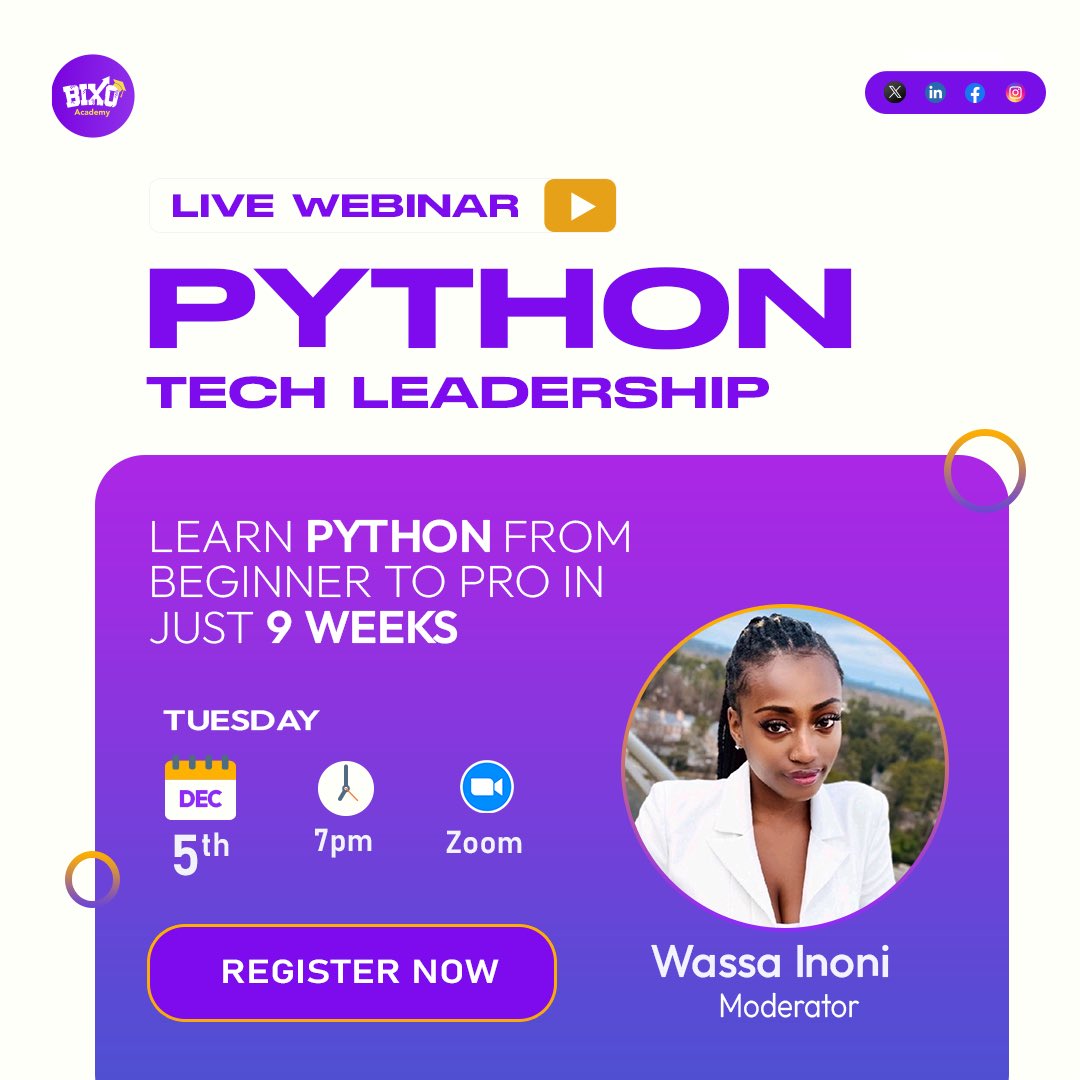 BixoAcademy's tweet image. Unleash the potential of Python!
Join our webinar on Dec 5 at 7 PM via Zoom. 🐍💡
Enhance your coding skills and explore the endless possibilities.
Link will be shared on the event day.
Don't miss it!
#PythonWebinar #BIXOAcademy