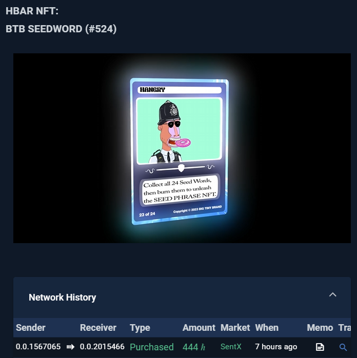 greenknight_sol's tweet photo. Holy Moly.
What Legend just swept that #HANGRY for 444 HBARS?
Great pick up. Good luck getting your 24 words collected.
#Seedwords @bigtinybrand https://t.co/8SRlVcEzkR