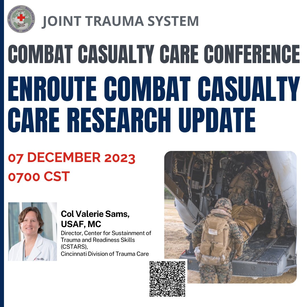 JointTraumaSyst's tweet image. One of the most critical factors in reducing combat mortality and morbidity is the safe evacuation and timely transfer of casualties through the continuum of care.

&quot;Enroute Combat Casualty Care Research Update&quot;

More information and link below.
