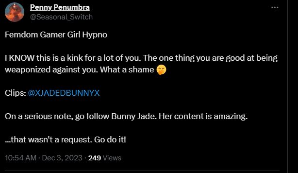 Seasonal_Switch's tweet photo. @XJADEDBUNNYX Never claimed to be you, please see the credit at the end of the post. More than happy to delete if requested! All clips used were publicly available. https://t.co/jcEuGjX18i