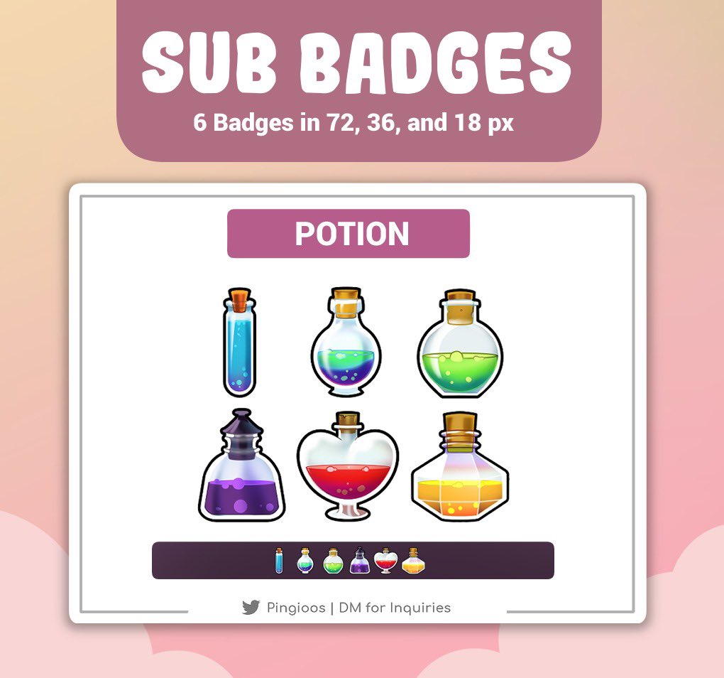 Potion!
Now, I'm available for custom sub-badge commissions.
The price is only 5 USD for one badge and 25 USD if you order one pack (6 badges).
Let me know if you're interested in ordering.
DM me for inquiries. :)

#subbadges #subbadge #Twitch #Badge #TwitchStreamers