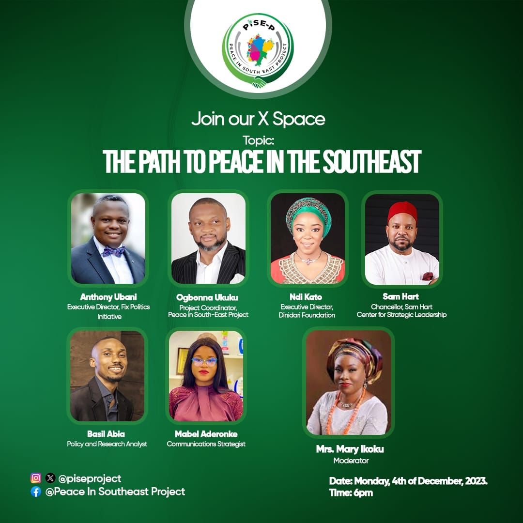 maryikoku's tweet photo. These incredible speakers will be sharing great insights tonight at 6pm as we discuss The Path To Peace In the Southeast : Come listen as @aiaubani @hartng , @MabelAderonkeB and others dissect the issues
#PeaceIsBetter
#PeaceInSouthEast https://t.co/sddwI8D76o