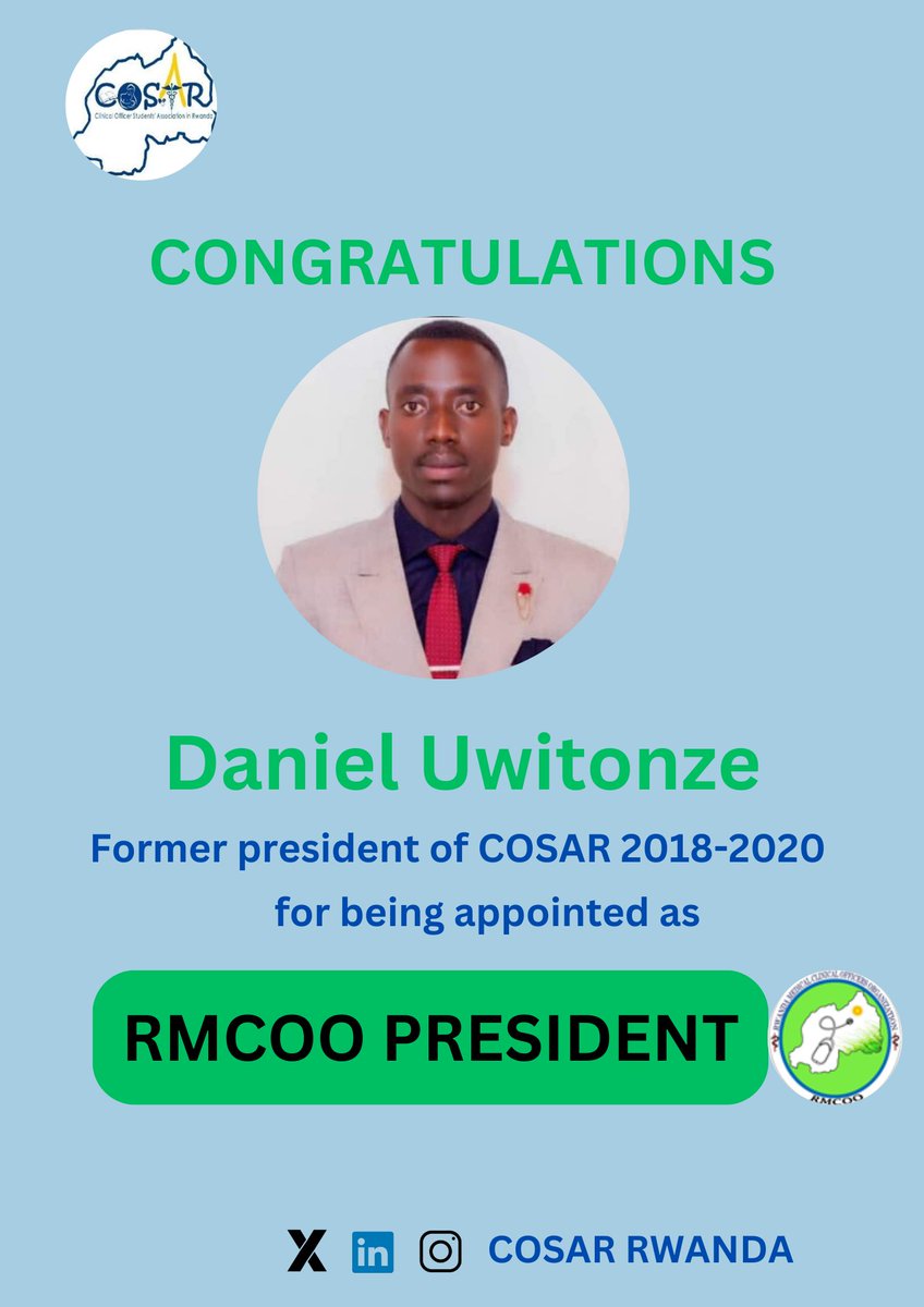 Huge congratulations to our esteemed former President <a href="/DanielUwitonze/">Daniel Uwitonze</a>  on being appointed as the new <a href="/RMCOO_Rwanda/">Rwanda Medical Clinical Officers Organization</a>  President! We believe in his exceptional leadership and look forward to see an increased advocacy for clinical officers under their guidance. <a href="/RwandaHealth/">Ministry of Health | Rwanda</a>