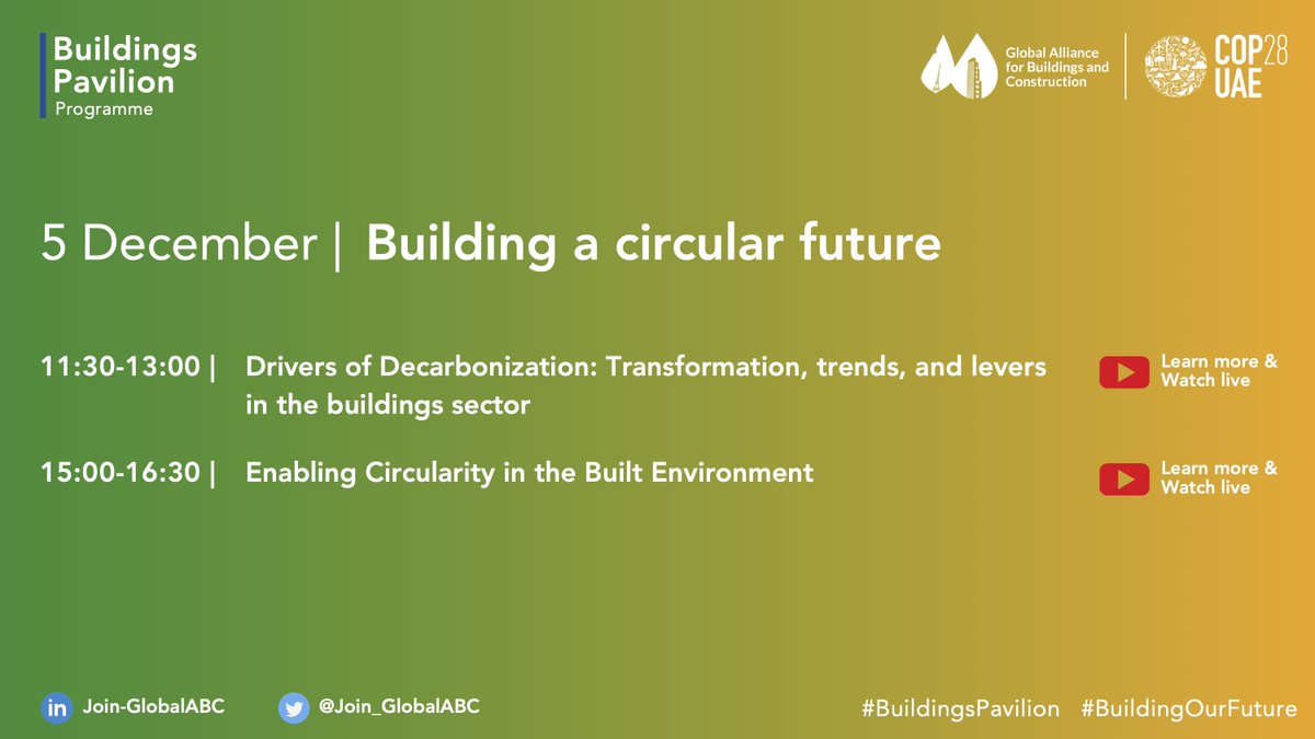 🏡🏗 What is the programme on 5 December at the #COP28 #BuildingsPavilion?

💬 Discussions will highlight the important role of #CircularEconomy in sustainable buildings. 

🔴 Watch live globalabc.org/news/cop28-bui…

#BuildingsPavilion #BuildingOurFuture