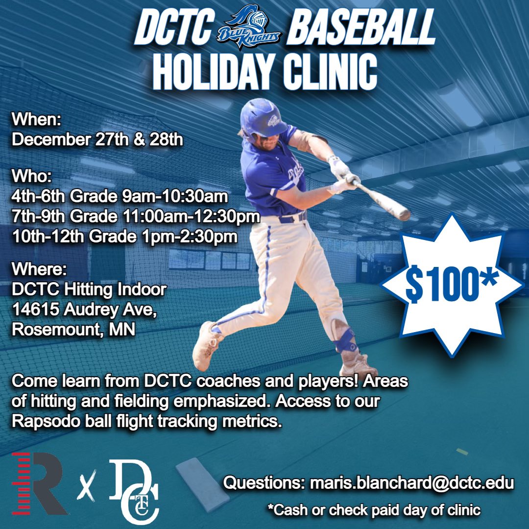 BaseballDctc's tweet photo. 🚨 Excited for our first Holiday Camp! Don’t miss a great opportunity to work with our coaching staff and current players! Come hit with the Blue Knights! 🎄➡️⚔️
https://t.co/v625TNEUia https://t.co/Kdae0v2tEB