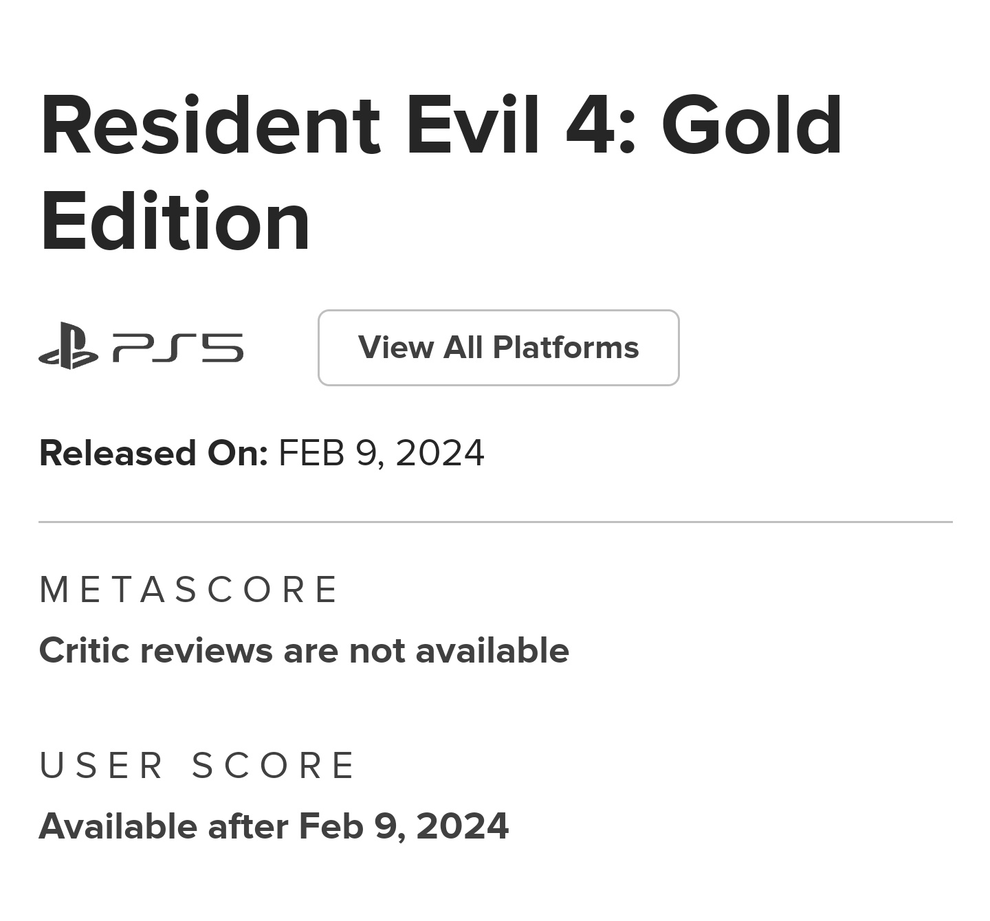 Resident Evil 4 REMAKE Info/Countdown on X: Uh-oh it seems that  Metacritic has accidentally leaked Resident Evil 4 Remake Gold Edition, its  release date is February 9 2024 Game Awards announcement? 👀👀👀👀👀