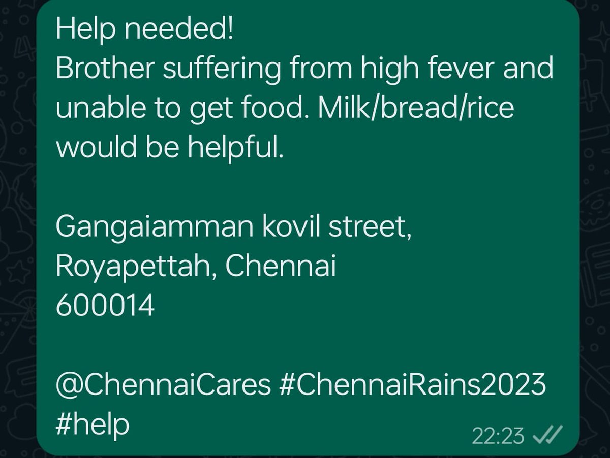 ThisisShanium's tweet photo. Help needed!
Brother suffering from high fever and unable to get food. Milk/bread/rice would be helpful. 

Gangaiamman kovil street, 
Royapettah, Chennai
600014 

@ChennaiCares #ChennaiRains2023 #help https://t.co/ii3bRpoGuf