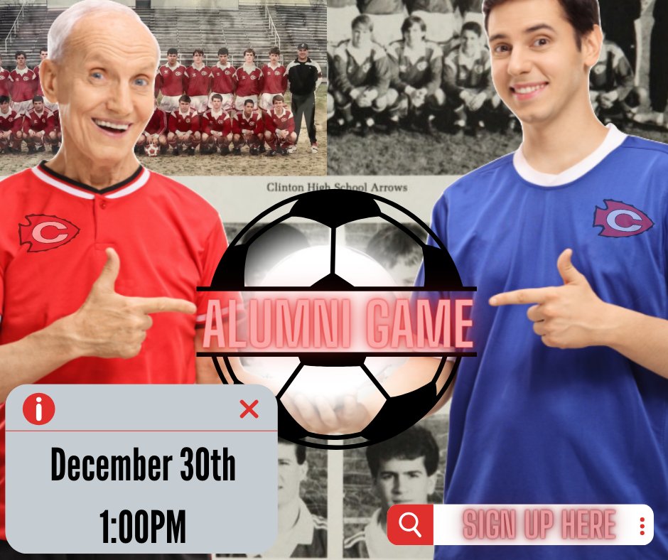 CHSArrowSoccer's tweet photo. The Clinton Arrow Boys soccer team is hosting an Alumni Game on Saturday, December 30th at 1:00pm at Arrow Field. The cost for the game is $20 per player, which includes a game day jersey.

Even Year Alumni vs Odd Year Alumni

Register Here: https://t.co/yznDPwzDz2 https://t.co/gDaZKbzFDF