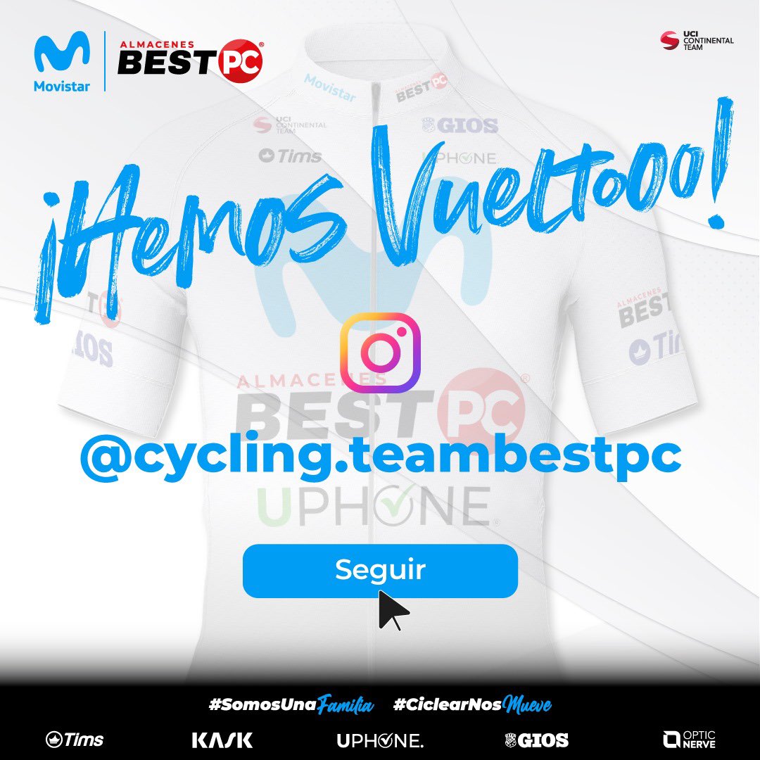 ✅ SORTEO

¿Quieres ponerte la armadura 2️⃣0️⃣2️⃣3️⃣ del #MovistarBestPC? 😃

Es muy fácil, solo debes hacer lo siguiente:

1. Seguirnos en Instagram 

2. Dar LIKE y COMPARTIR esta publicación 

¡En febrero sortearemos 3️⃣ Jerseys! 

#SomosUnaFamilia
#CiclearNosMueve 

<a href="/AnaVivarTorres/">Ana Vivar Torres</a>