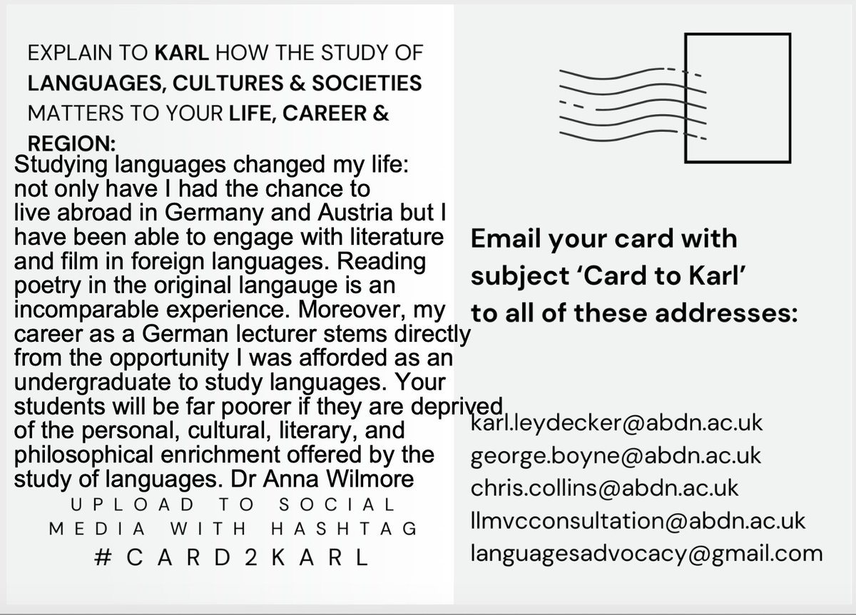 Just sent my #Card2Karl as part of the postcard campaign in support of languages @aberdeenuni @UoA_LLMVC.
I have had so many opportunities thanks to my languages degree: not only is my career a direct result, but I have lived abroad and my experience of the world is enriched by
