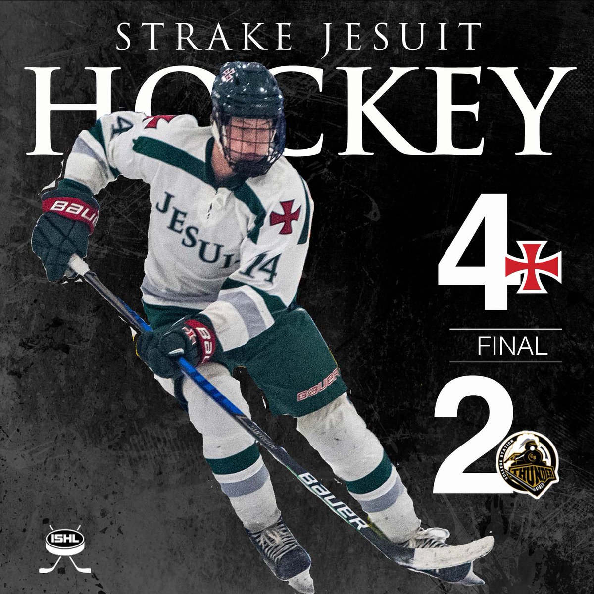 @strakejesuithockey defeated College Station last night 4-2. David Rheaume ’26 lead all scorers with 2 G &1 A. Topher Smith '24 was 21/23 shots for a 92% save percentage. Nolan Aufdenspring '26 and Luke Depue '27 each netted a goal.