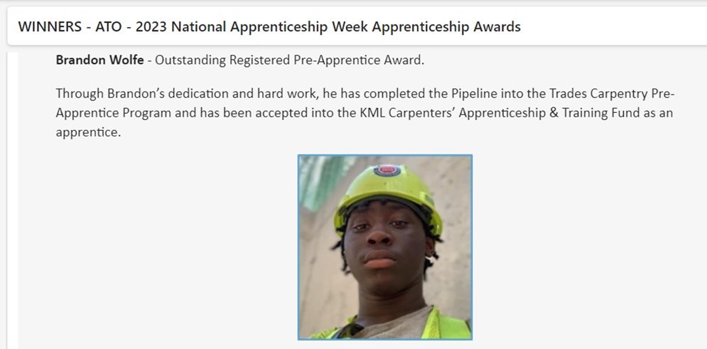 Congratulations to Brandon Wolfe, for winning the "Outstanding Registered Pre-Apprentice Award," through the PA Apprenticeship &amp; Training Office!  Brandon is a 2022 Pittsburgh Carrick graduate &amp; was in CTE's 1st class of registered Carpentry Pre-apprentices.  #CTE-Excellence