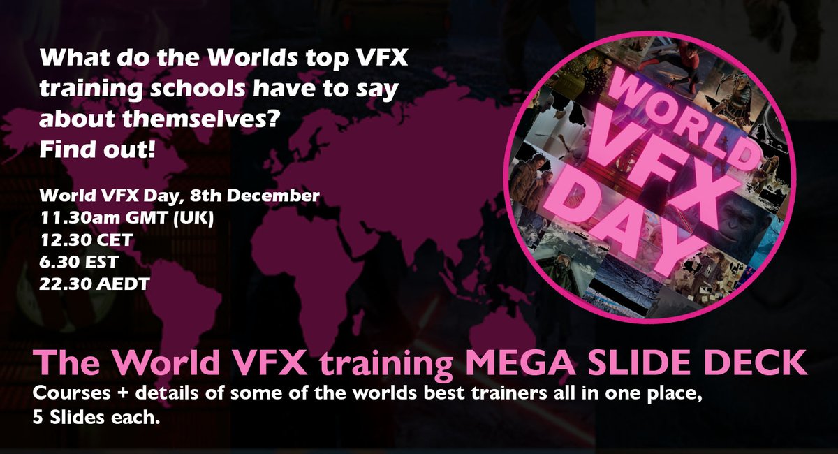 This Friday it's #WorldVFXDay. If you're interested in skills check out my Mega Slide Deck of the best VFX Schools in the World! Check out the whole day via worldvfxday.com See you there @UKScreenSkills @UKScreenAlln @HugoCGuerra @AccessVfx