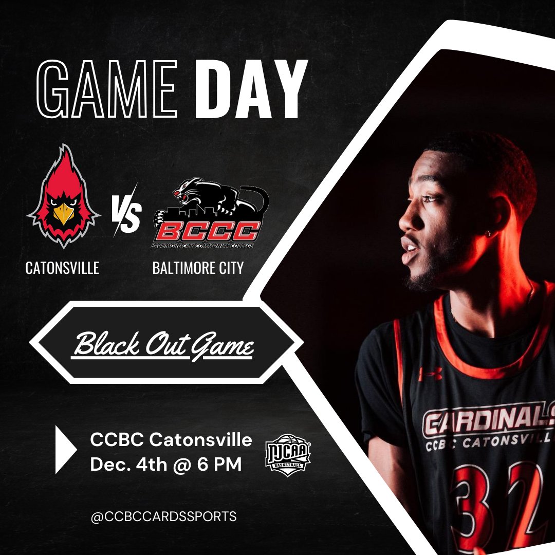 CCBCCardsSports's tweet photo. GAMEDAY: We've got a good one tonight! It's the first annual CCBC Catonsville Blackout Game! Wear black and support the Cardinals as they take on Coach T.J.'s former squad, Baltimore City Community College! #GoCardinals #ProtectTheNest #LetsPackThisPlace https://t.co/x5beGHB5bf