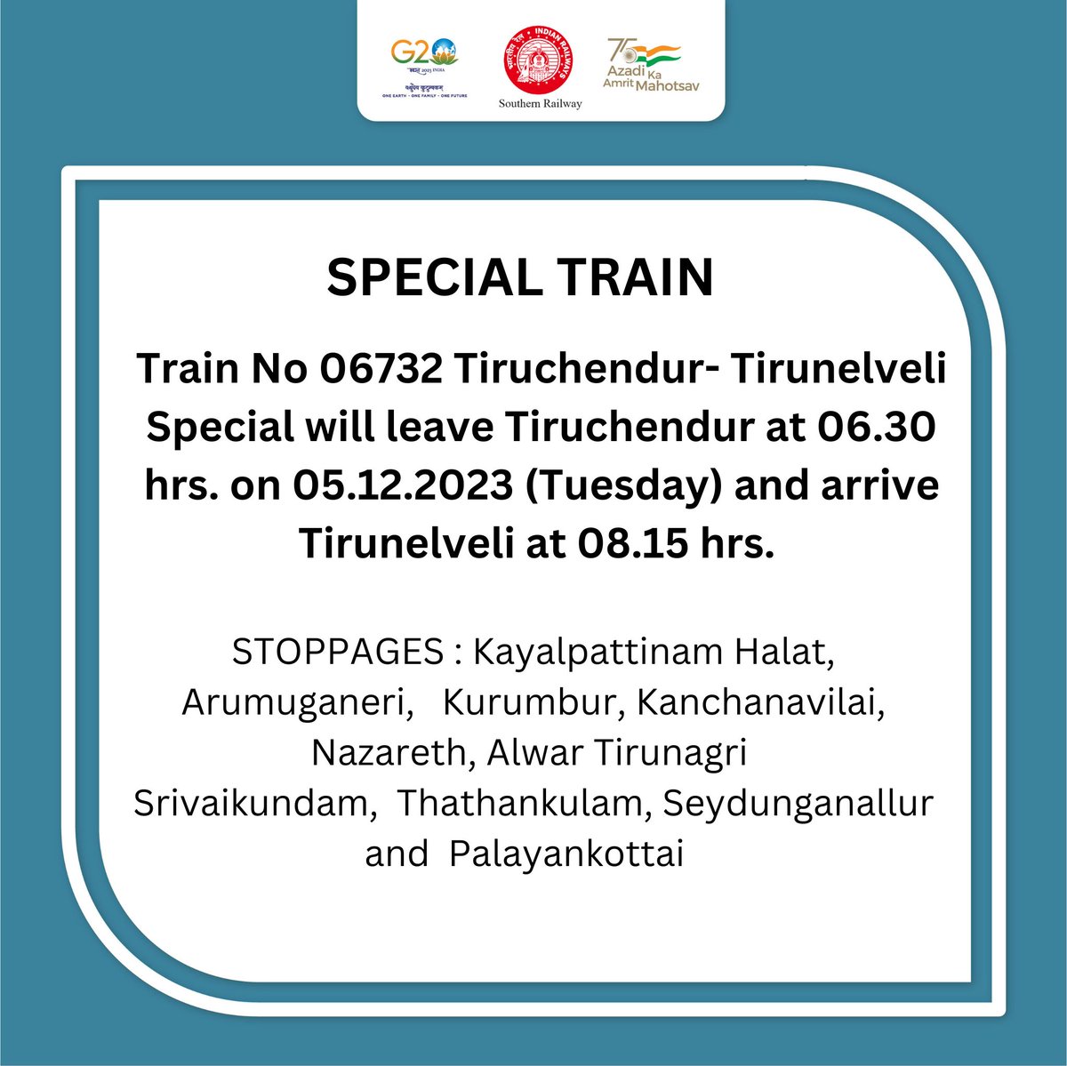 📢Special Train Announcement 📢

(#Tiruchendur - #Tirunelveli)

#drmmadurai #specialtrain #Train #travelling