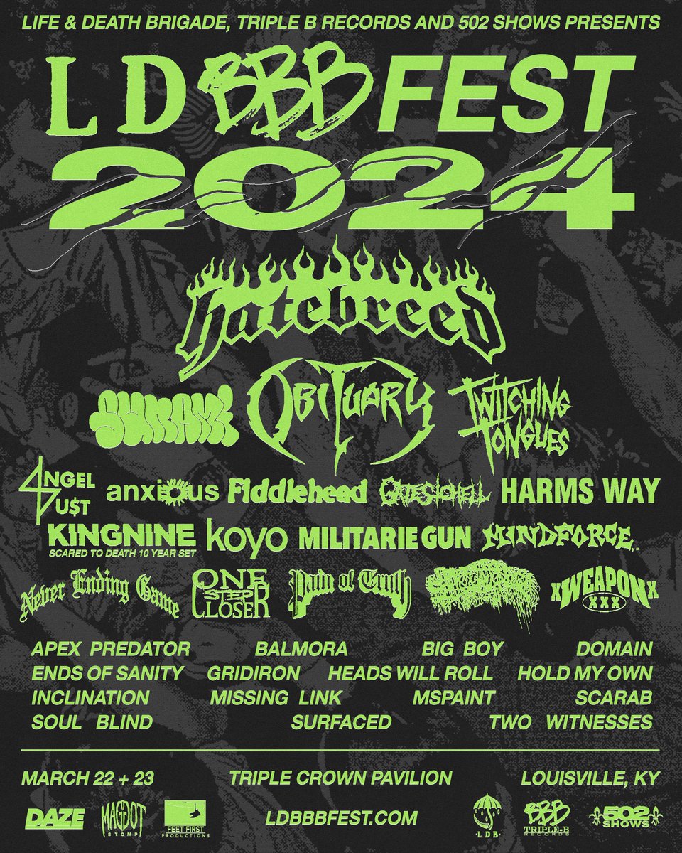 LDB Fest returns to Triple Crown Pavilion on March 22nd + 23rd featuring @Hatebreed, @SUNAMI408, @obituarytheband, @twtchngtongues, @MindforceNY, @fiddleheadusa, @painoftruthhc, @harmsxway, and many more. TICKETS ON SALE NOW.