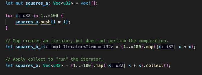 rustoftheday's tweet photo. 🦀#daily #rust 29: Rust #range expressions 2/2:

Range expressions can be applied to for loops, or used to create #iterators. Don't forget to call collect() to actually make the iterator execute: