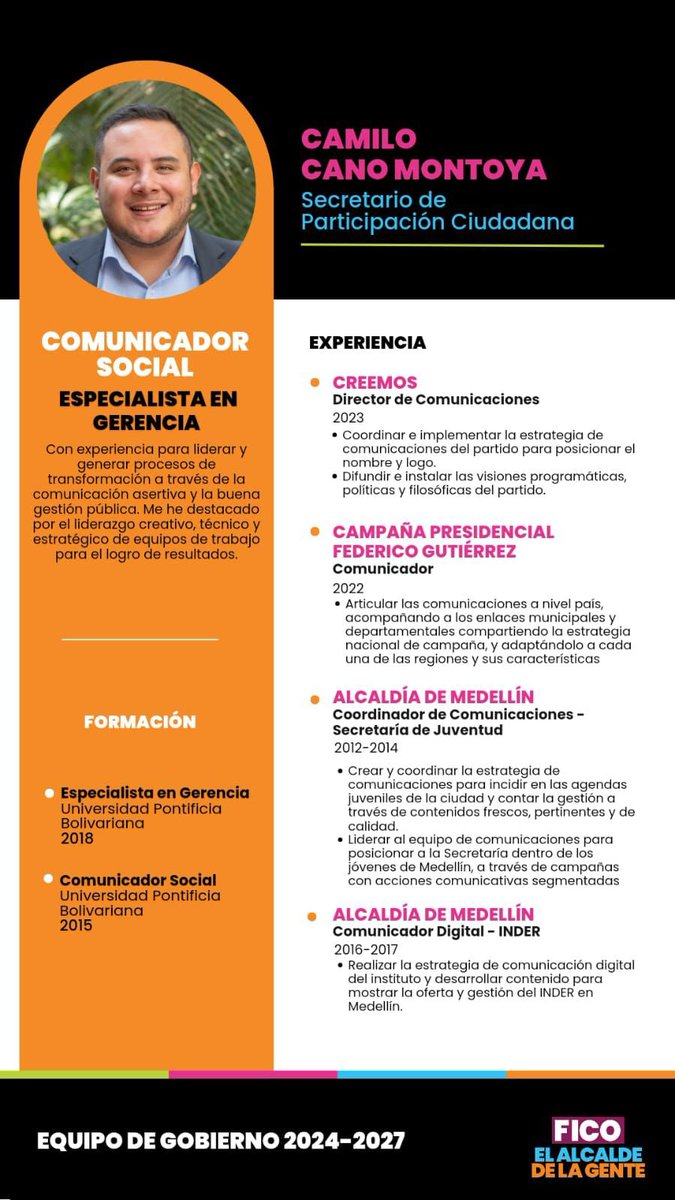 FicoGutierrez's tweet photo. Queremos trabajar unidos para recuperar la participación de Medellín. Tenemos grandes retos para promover el trabajo articulado entre la administración distrital y los Ediles, Juntas de acción comunal, Consejos comunales de Participación y organizaciones sociales. 
Reorientaremos el programa de Planeación Local y presupuesto participativo, a su esencia, las bases en los territorios.
El Secretario de Participación Ciudadana será Camilo Cano Montoya. 
Estoy seguro, de acuerdo a sus capacidades, que hará un gran trabajo.