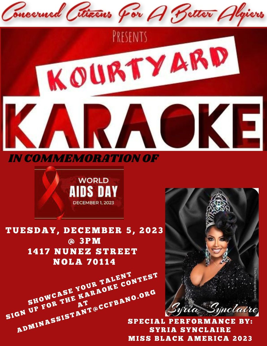 AlgiersEconomic's tweet photo. Join AEDF at CCFBA's Annual Kourtyard Karaoke TOMORROW at 3:00pm in commemoration of World AIDS Day! Showcase your talent for the chance to win prizes  by emailing adminassistant@CCFBANO.org https://t.co/qRhzGAMDZN