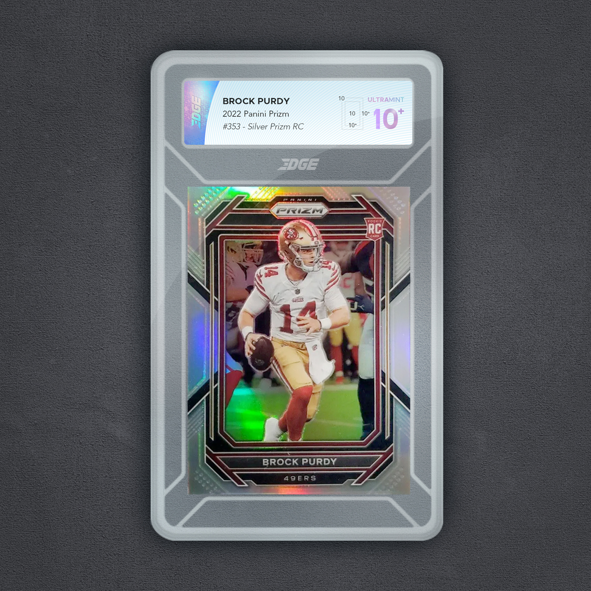 GradingEdge's tweet photo. Introducing the Edge Grading 10+ ULTRAMINT. Because sometimes a 10 doesn't quite do a card justice. #footballcards #gradedcard #ultramint #rookiecard #rookie #purdy #brockpurdy #sportscards #sportscardscollector #edgegrading #thehobby https://t.co/7Cw5bWnse1