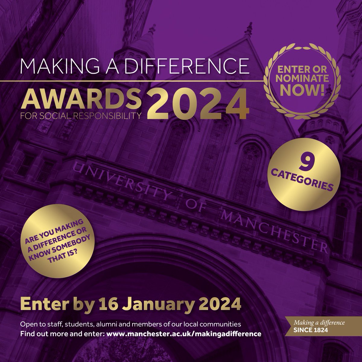 Current students, staff and alumni can enter or nominate for the Making a Difference Awards 2024. Recognise those who are having an impact on the social wellbeing of our communities and wider society. socialresponsibility.manchester.ac.uk/get-involved/a…