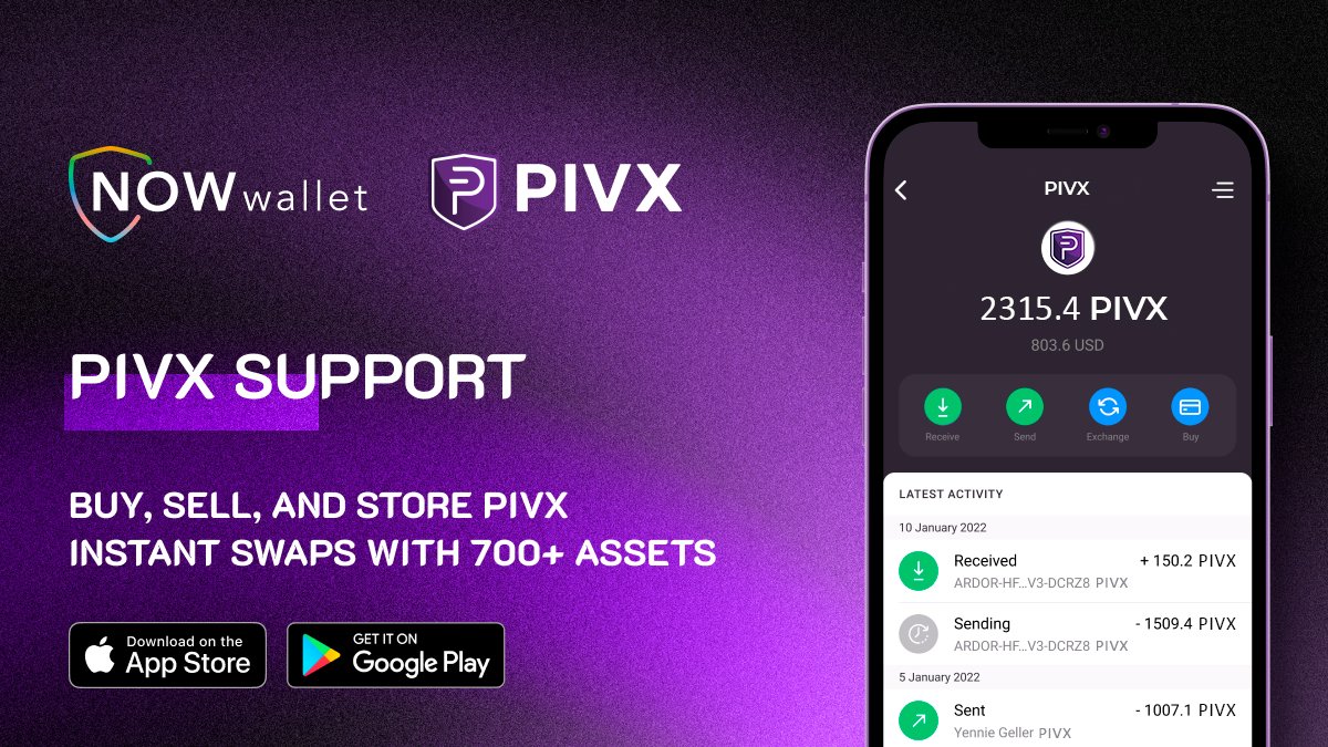 Now you can store, buy and exchange PIVX using NOW Wallet🎉 Get freedom, thanks to confidential, global digital money with @_PIVX 💪Ready to improve your crypto wallet? now-l.ink/getpivx