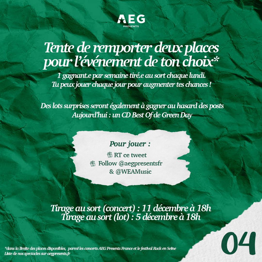 AEGPresentsFR's tweet photo. 🎁 CALENDRIER DE L’AVENT 2024 !

Jusqu’à Noël, @AEGPresentsFR t’offre 2 places pour l’événement de ton choix* : 1 gagnant.e par semaine tiré.e au sort 🎄

🌟 Le petit plus à gagner aujourd'hui : un CD Best Of de @GreenDay

Conditions de participation ci-dessous : https://t.co/bg144v8Kvy