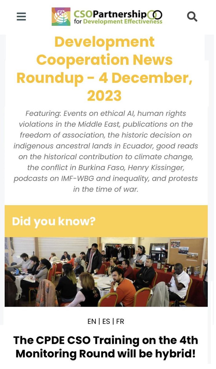 📢THIS WEEK'S DIGEST OF ##EffectiveCooperation NEWS IS UP! EN|ES|FR feat. events on ethical #AI, human rights in the Middle East, pubs on #freedom of association, #ancestral lands in Ecuador, good reads on Burkina Faso, Henry Kissinger, etc! bit.ly/Roundup12042023 #SDGs #CSOs