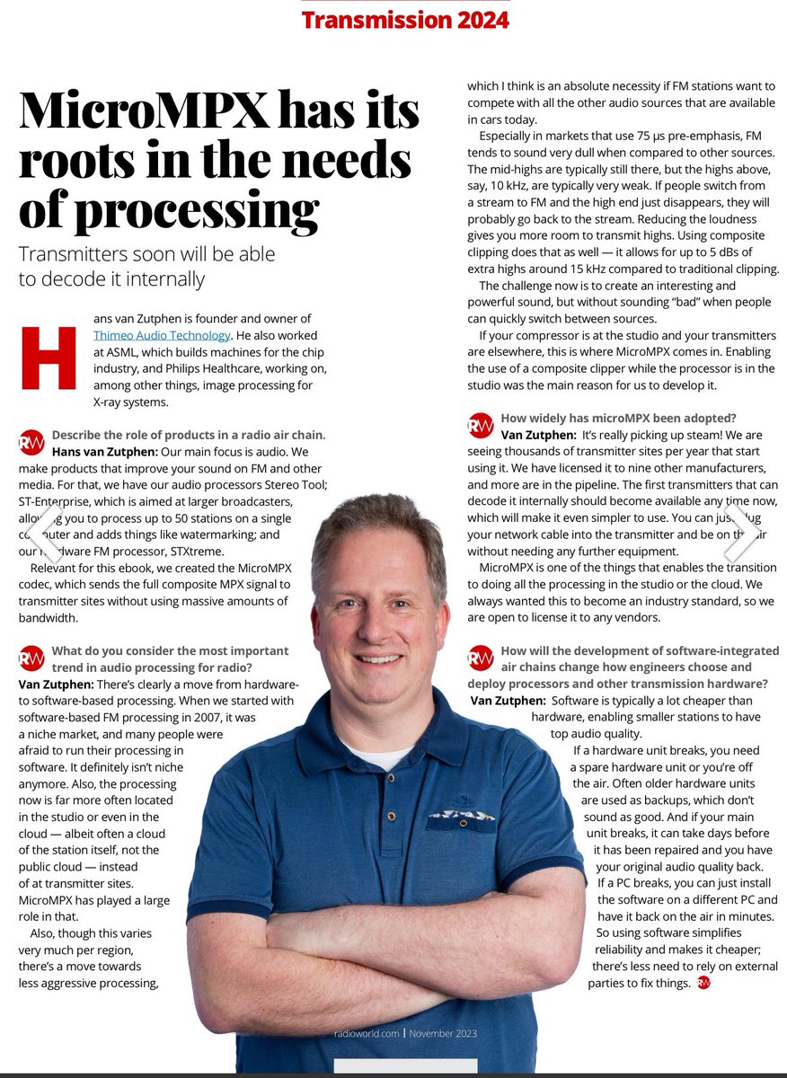 renevandekolk's tweet image. Mooi artikel in @radioworld_news editie van november 2023. @hansvanzutphen #micrompx #softwaredefinedairchaines