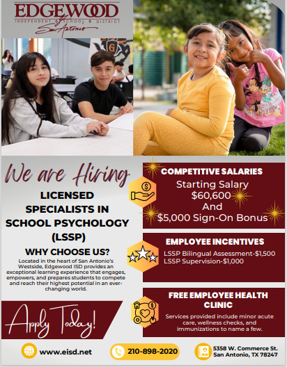EISD Human Resources (@eisdhr1) on Twitter photo We are hiring LSSP's! $5,000 Sign-On Bonus! Details listed below. <a href="/EISDofSA/">Edgewood ISD</a> <a href="/CaTrevino09/">Cynthia Trevino</a> We are hiring LSSP's! $5,000 Sign-On Bonus! Details listed below. <a href="/EISDofSA/">Edgewood ISD</a> <a href="/CaTrevino09/">Cynthia Trevino</a>