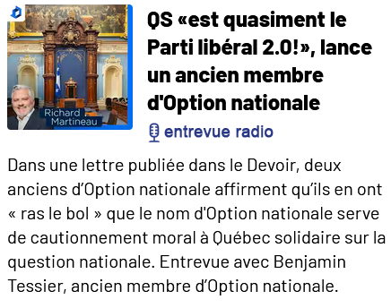 PaysQuebec's tweet photo. 📻@QubRadio
⚜️#Indépendance: «Le #PartiQuébécois est aujoud'hui résolument indépendantiste. #QuébecSolidaire c'est une perte de temps, c'est pas le bon parti!» — #BenjaminTessier, ancien membre d'#OptNat
Entrevue🎙️: https://t.co/SytfNgt5Ih
#polQc #patriotes #ON #paysQc #Québec https://t.co/lUsoHqHKl2