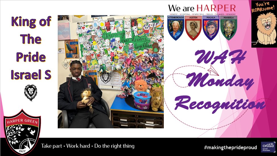 King of The Pride last week...  Israel S 
Well done on a fantastic display of the WAH Values! 
Israel received the highest house point in the whole of year 8 last week!
Let's see if anyone can beat him this week... 🦁📷😍
#makingtheprideproud #TPWHDTRT #weareharper