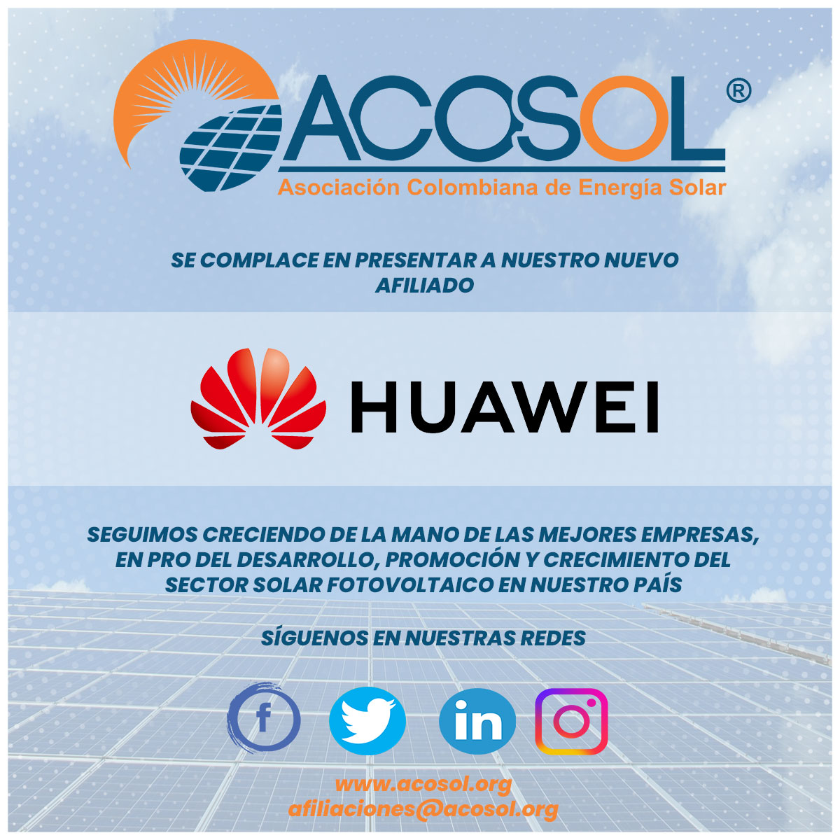 🌞🎉 ¡Bienvenidos a bordo, Huawei FusionSolar! Líderes en proyectos fotovoltaicos y en la fabricación de tecnología solar de punta. Orgullosos de tenerlos en nuestra comunidad ACOSOL. #HuaweiFusionSolar #EnergíaSolar #Innovación 🌞🎉