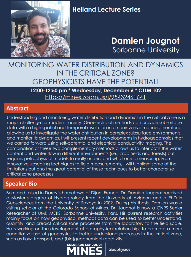 The last Heiland lecture of the semester is this Wednesday! Join us for a presentation from Dr. Damien Jougnot on solving the problems with understanding water in the critical zone using hydrogeophysics! 🌊

mines.zoom.us/j/95432461641