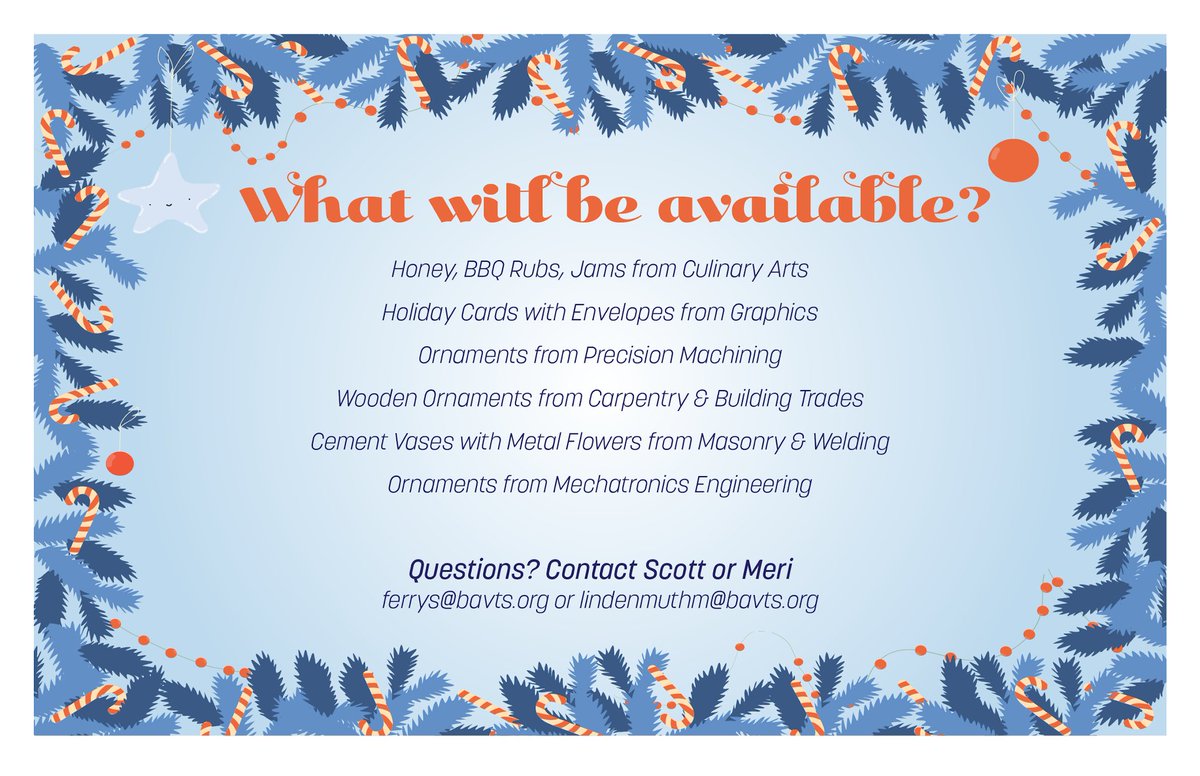Join us this Wednesday for the <a href="/BethlehemAVTS/">BethlehemAVTS</a> School Holiday Bazaar! 

BAVTS Programs will showcase their abilities with a variety of holiday gifts available for purchase!

fb.me/e/56N1nqB8q