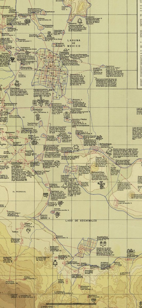 Cuauhtemoc_1521's tweet photo. Y la población o barrio donde vives actualmente ya existía en tiempos precortesianos? En este mapa “Plano reconstructivo de la región de Tenochtitlan al comienzo d ela conquista” realizado por Luis González Aparicio en 1968 se pueden ver las poblaciones antes de la llegada de los europeos. Tiene muchas notas relevantes sobre el origen náhuatl de los nombres