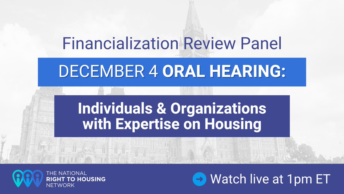 R2HNetwork's tweet photo. ❗SOON: The Dec 4 oral hearing on the #Financialization of housing starts at 1PM ET! 

Tune in LIVE to hear direct testimony from individuals &amp; organizations w/ expertise in #Housing.

✅Watch here: https://t.co/WNFCWzIBGp

#ReviewPanel #Right2Housing https://t.co/USOUISmC9m