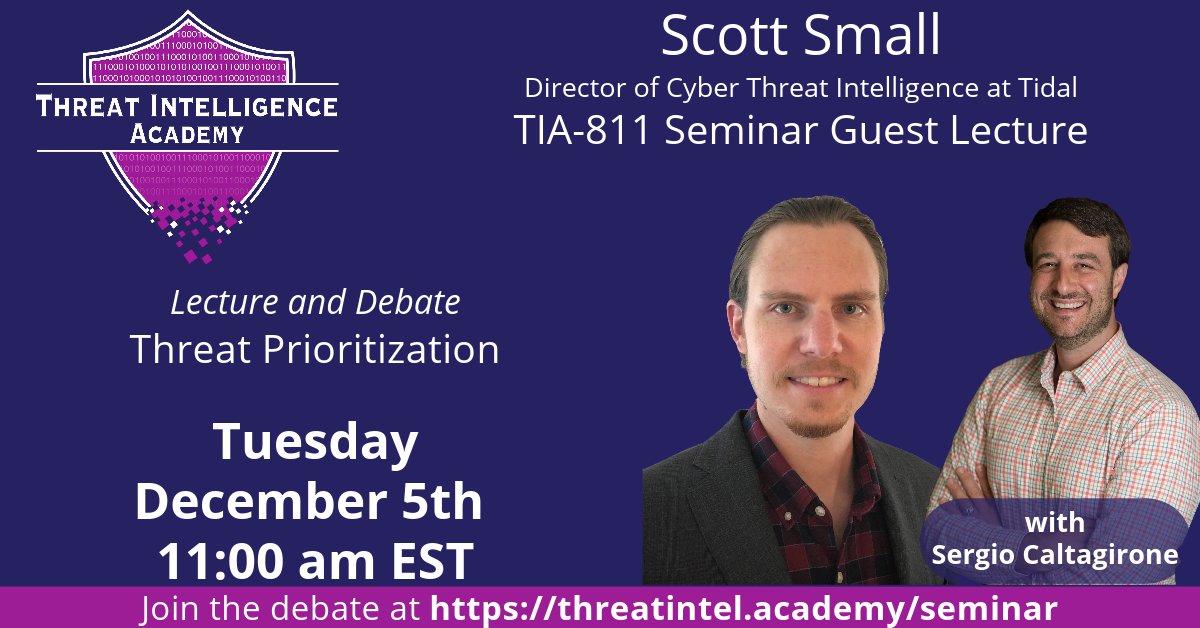 TOMORROW Don't miss <a href="/IntelScott/">TropChaud</a> from <a href="/TidalCyber/">Tidal Cyber</a> lecturing and debating Threat Prioritization!  An incredibly important topic.  Sign up: hubs.ly/Q02bRXX20 #cybersecurity #informationsecurity #infosec #dailyCTI #threatintel #cti #threatintelligence #cyberthreat
