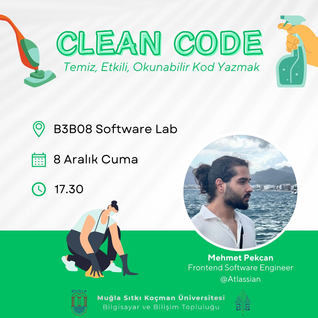 Merhaba arkadaşlar, 8 Aralık Cuma günü saat 17.30’da Mühendislik Fakültesi Software Lab(B3B08)'da "Clean Code” etkinliğimizle sizlerleyiz.🚀
Herkesi bekliyoruz. 🙌🏻
Mehmet Pekcan LinkedIn: linkedin.com/in/mehmetpekca…