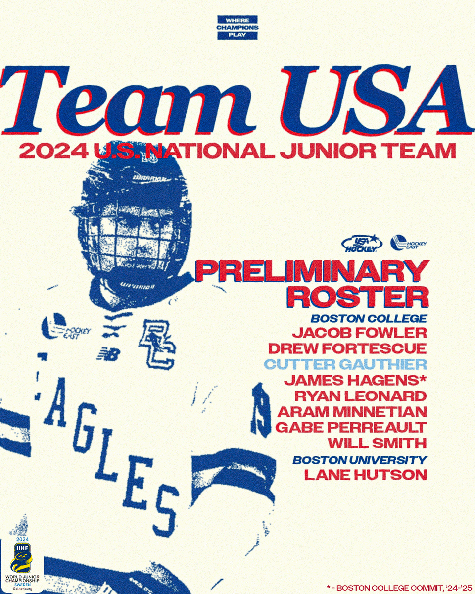 hockey_east's tweet photo. These #HockeyEast Players have been named to the @usahockey 2024 U.S. Junior National Team Preliminary Roster🇺🇸

#WhereChampionsPlay https://t.co/Tc7hwgdLaT