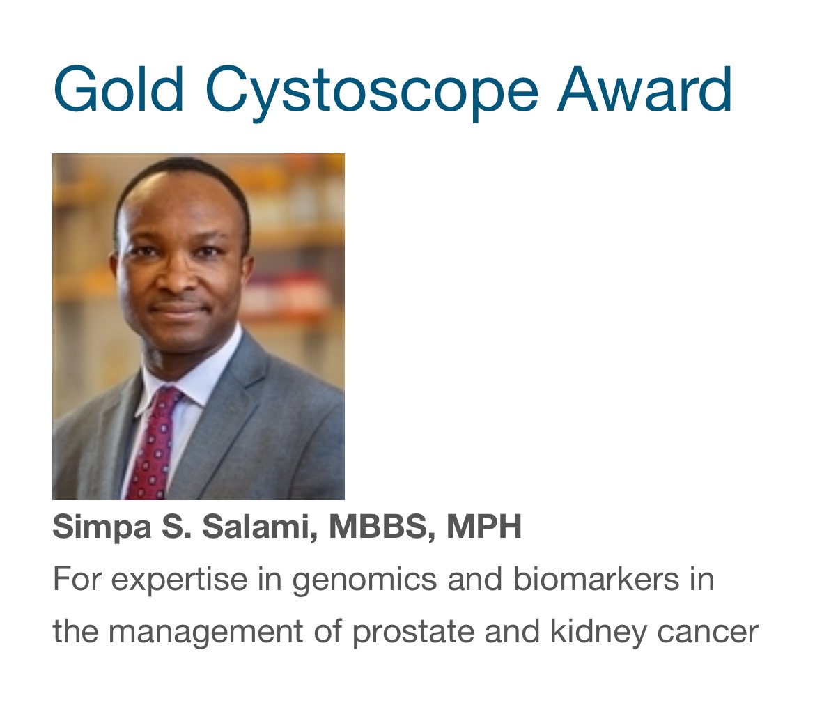 Please join us in congratulating our YUO Chair @samsimsal! Dr. Salami is the winner of the @AmerUrological’s prestigious Gold Cystoscope Award for his outstanding contributions to the science of genomics for the early detection and treatment of urologic cancers 👏👏👏