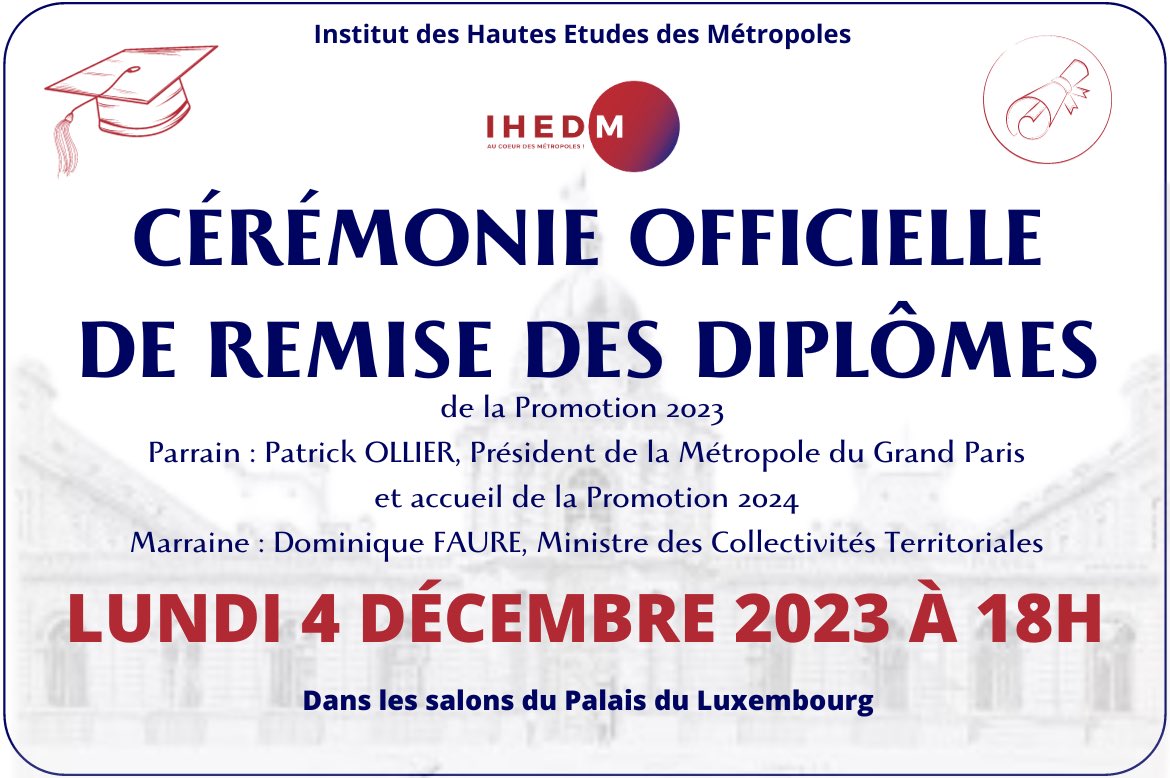 La Promotion 2023 de l'<a href="/IHEDM/">IHEdM</a> sera diplômée ce soir au Sénat devant un parterre de personnalités, en présence de leur parrain Patrick OLLIER, après une présentation des travaux réalisés cette année.
Nous accueillerons ensuite la Promotion 2024 avec leur Marraine Dominique FAURE !