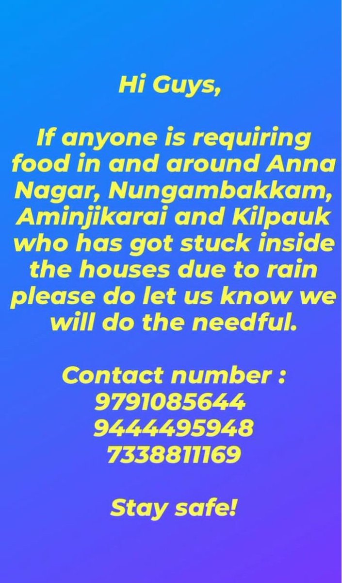 Whoever needs food around 

Anna nagar, Nungambakkam, Aminjikarai, Kilpauk

Kindly contact below numbers!

#ChennaiFloods #ChennaiCorporation #ChennaiHelps