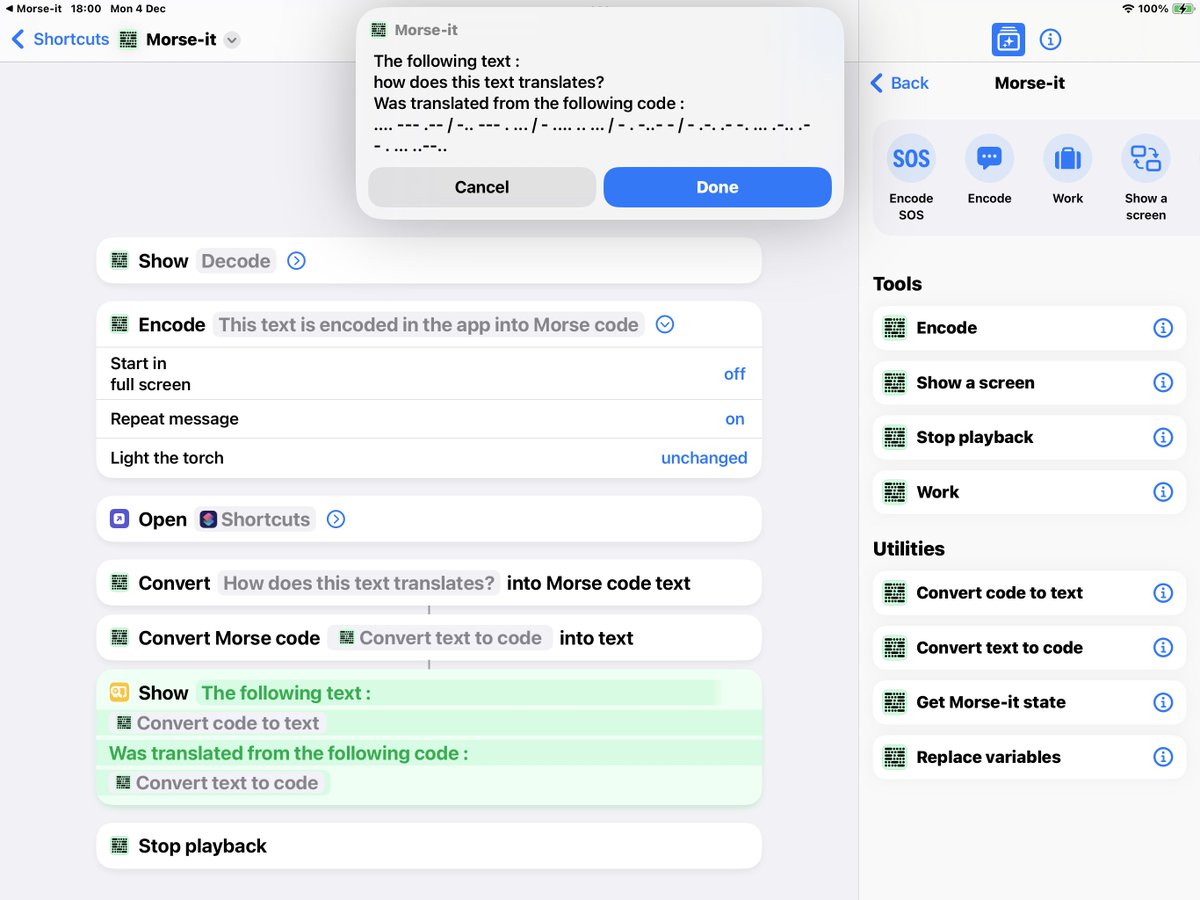PacoLabs's tweet photo. In Morse-it 10.2, new actions dedicated to Morse-it are available in the shortcut app.
These actions are also available with Siri, so you can say something like "Encode some text with Morse-it", "Encode SOS with Morse-it", "Show the decode screen of Morse-it". https://t.co/uwv4LvJ73e