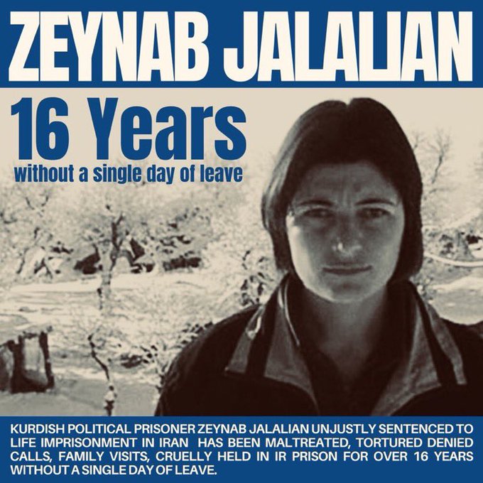 Its has been 16 years that she is kept in prison for the charges that she has denied since she got arrested until now 
16 years in prison without one day prison leave ! 
Her health is in danger 
We want FREEDOM for ZEINAB JALALIAN 
#FreeZeynabJalalian 
<a href="/UNHumanRights/">UN Human Rights</a>