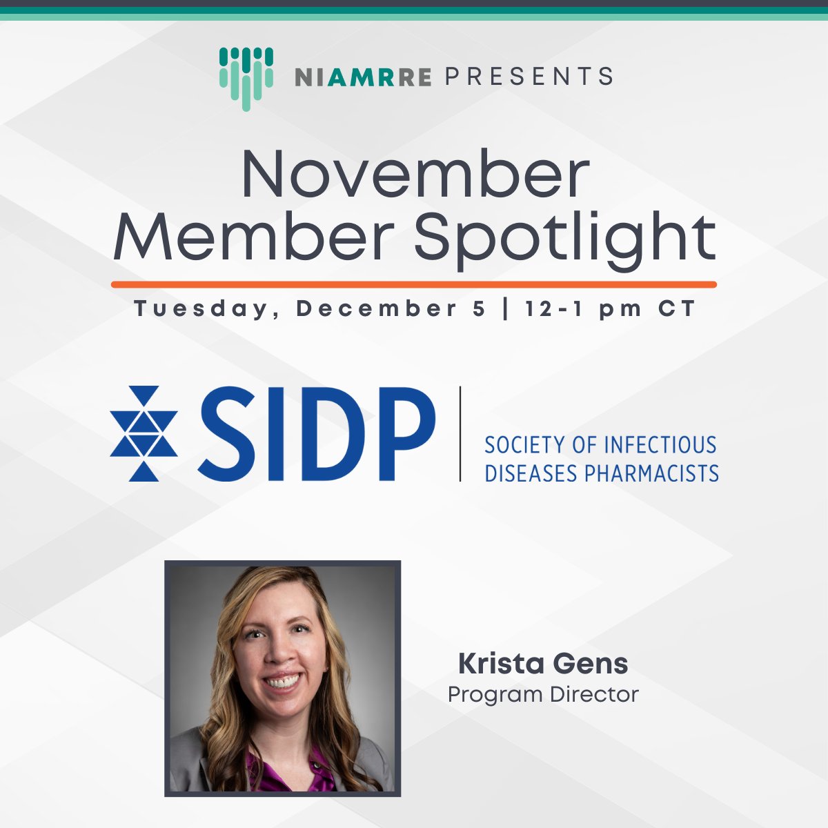 Don't forget! Tomorrow is the December Member Spotlight with Krista Gens of the Society of Infectious Diseases Pharmacists. Register Here: rb.gy/f34h6i