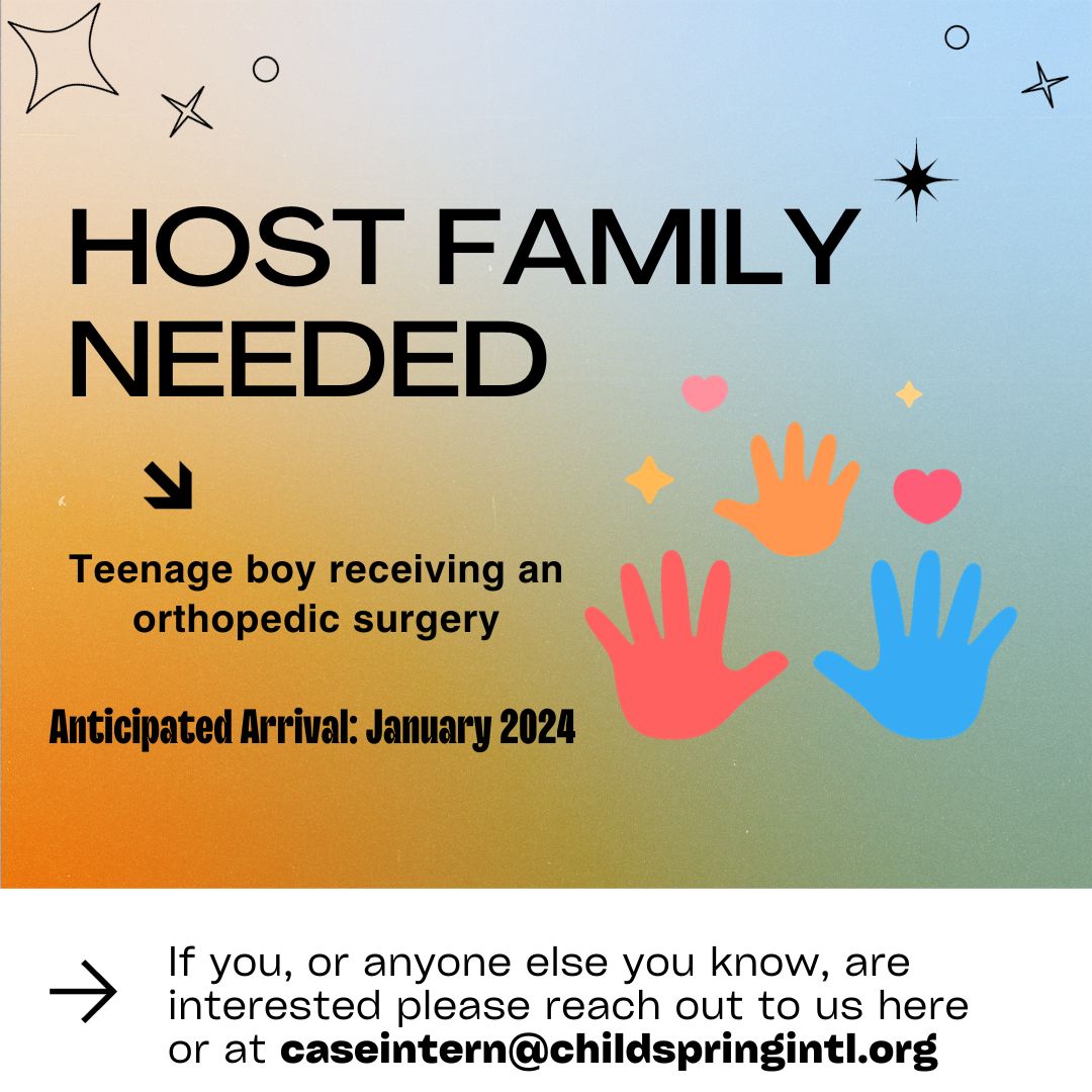 We need a Greenville, S.C.-area host family! The child is 16 &amp; traveling from Central America for orthopedic surgery. Needs 1st-floor room w bathroom. Arrival is Jan 2024. If you or anyone else you know are interested in this opportunity, please reach out.
